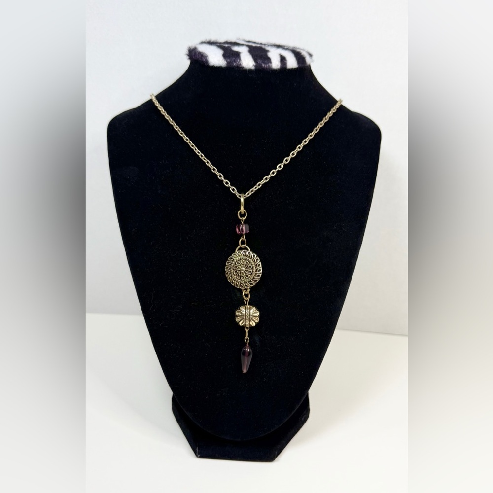 Vintage Gold Plate Long Pendant Necklace Medallion Flower & Plum Glass Beads